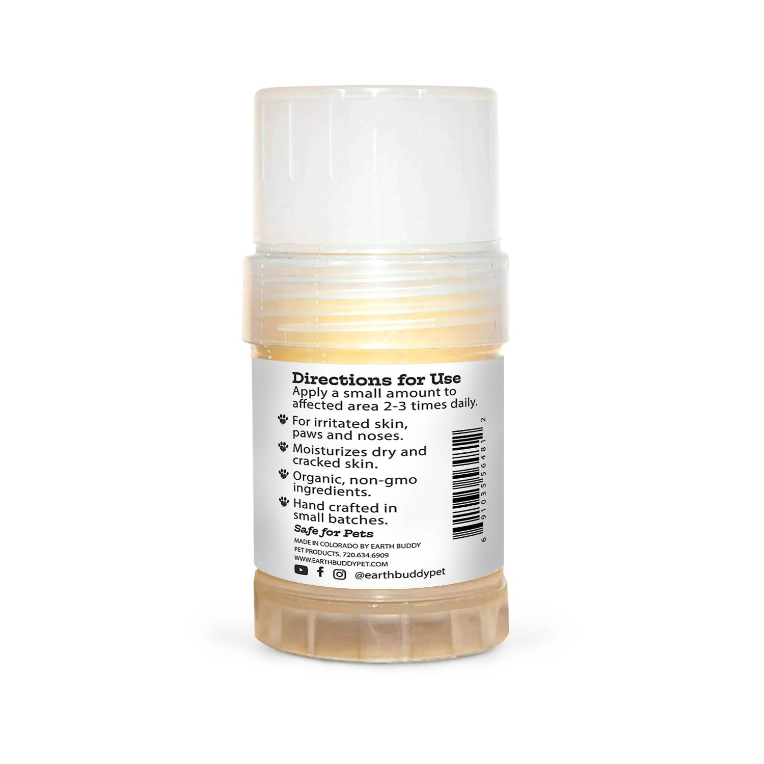 A tube of Earth Buddy hemp 125 mg Paw & Skin Balm for dogs on a wooden table. Perfect for dry skin & noses.
