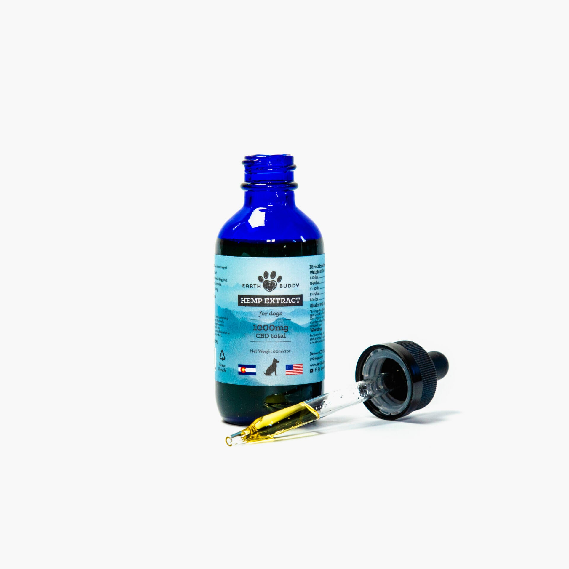 A bottle of Earth Buddy's 1000mg CBD Oil for Dogs and Cats.