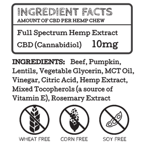 The label of a bag of small batch Earth Buddy calming CBD soft chew treats in Beef & Pumpkin Flavor.
