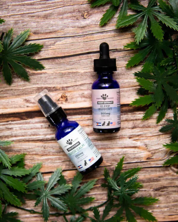 Earth Buddy CBD tinctures that are a part of a pet calming supplements bundle.
