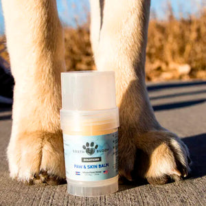 A tube of Earth Buddy hemp 125 mg Paw & Skin Balm for dogs on a wooden table. Perfect for dry skin & noses.