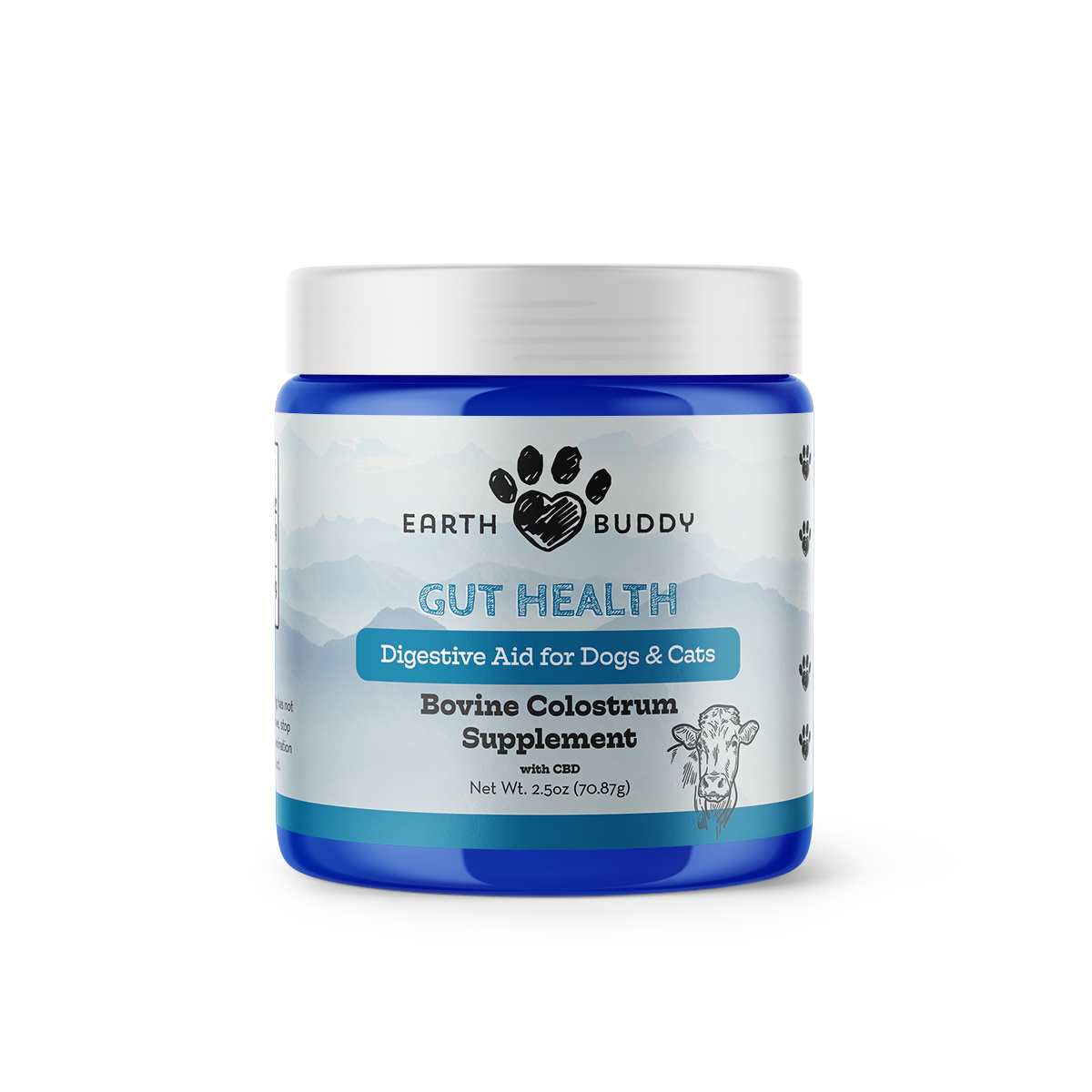 Image of blue jar with white label & white top for Earth Buddy's Colostrum for dogs & cats.