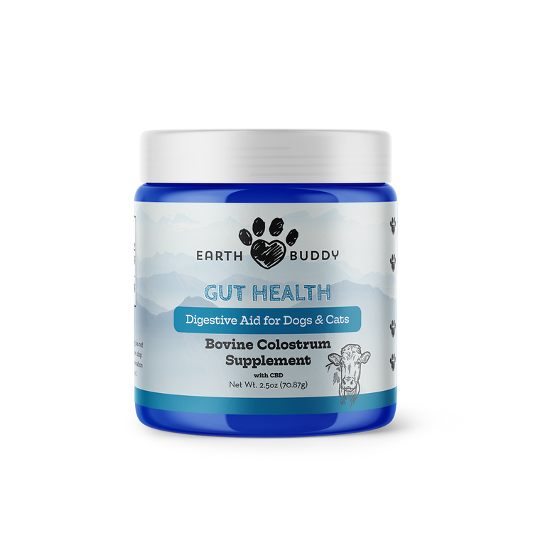 Image of blue jar with white label & white top for Earth Buddy's Colostrum for dogs & cats.