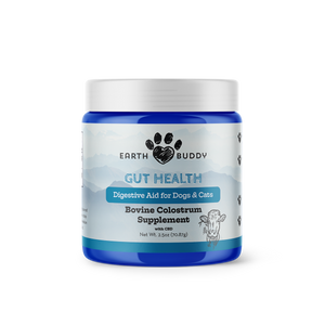 Image of blue jar with white label & white top for Earth Buddy's Colostrum for dogs & cats.
