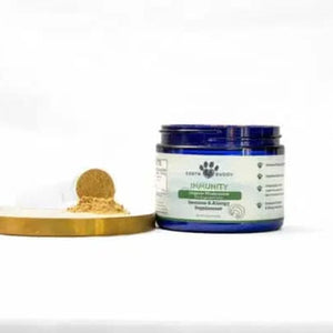 Earth Buddy functional mushrooms for dogs & cats with scoop of immunity mushroom powder for dogs.
