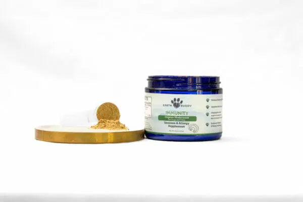 Earth Buddy functional mushrooms for dogs & cats with scoop of immunity mushroom powder for dogs.
