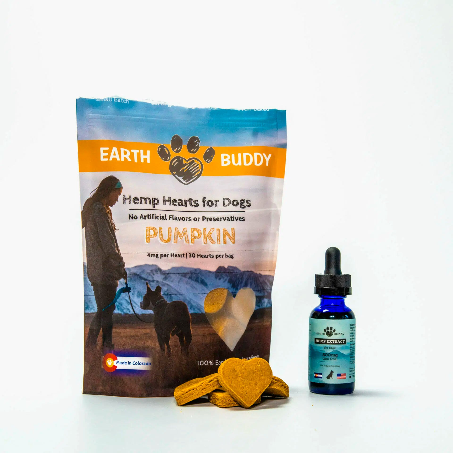 Earth Buddy’s Buddy Pack is Pumpkin Hemp Heart dogs treats and 500 mg Hemp Extract for Dogs.
