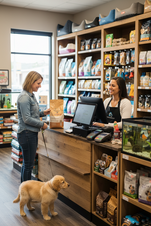 Two women at a local pet store checkout with a dog on a leash.
