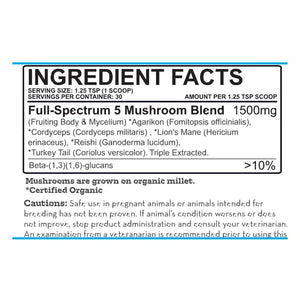 Label for Earth Buddy functional mushrooms for dogs & cats with scoop of immunity mushroom powder for dogs.
