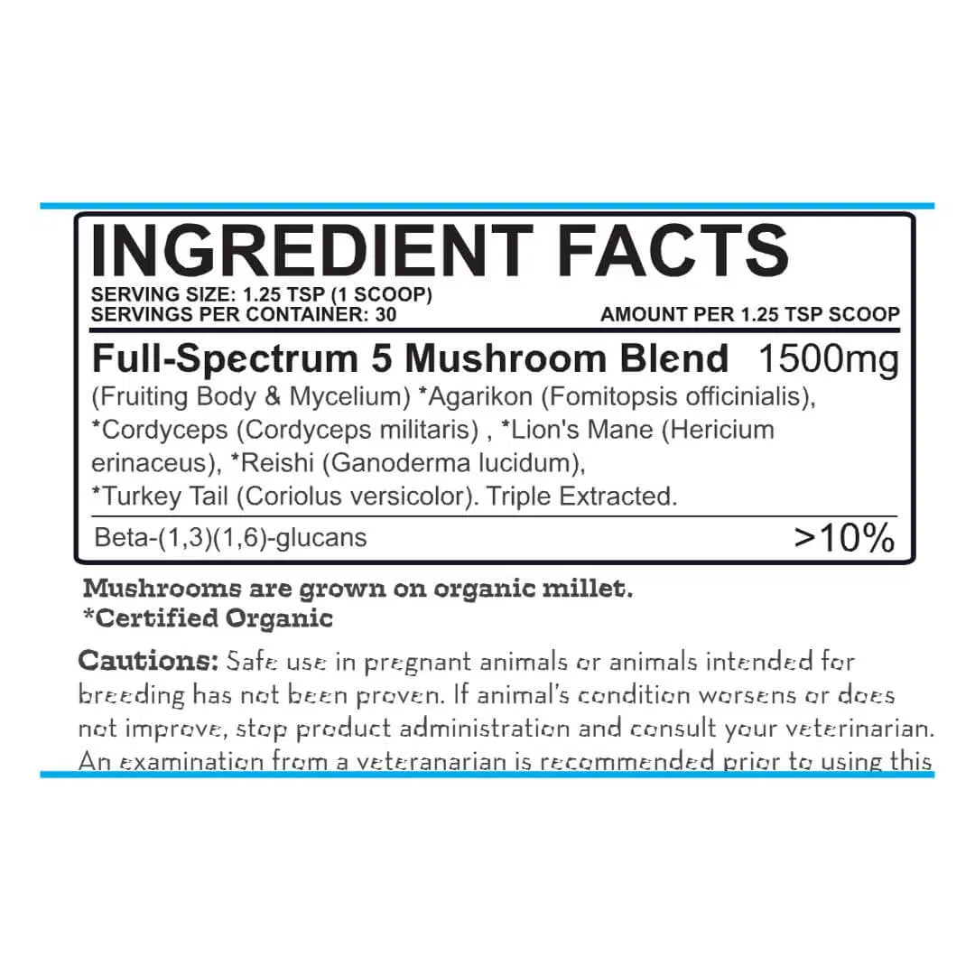 Label for Earth Buddy functional mushrooms for dogs & cats with scoop of immunity mushroom powder for dogs.
