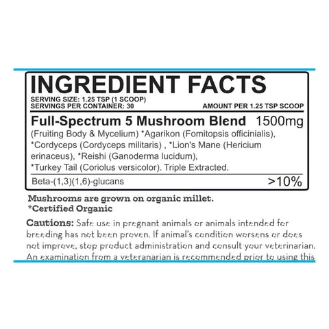 Label for Earth Buddy functional mushrooms for dogs & cats with scoop of immunity mushroom powder for dogs.
