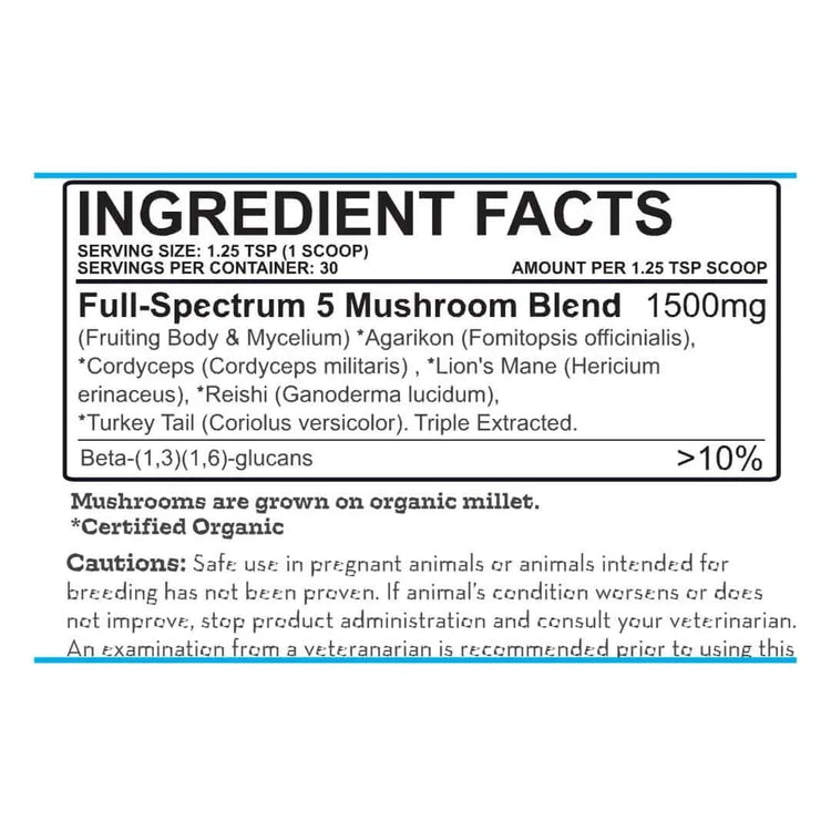 Label for Earth Buddy functional mushrooms for dogs & cats with scoop of immunity mushroom powder for dogs.

