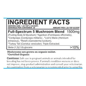 Label for Earth Buddy functional mushrooms for dogs & cats with scoop of immunity mushroom powder for dogs.
