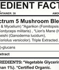 Ingredient facts label for Full-Spectrum 5 Mushroom Blend with serving size and nutritional information.