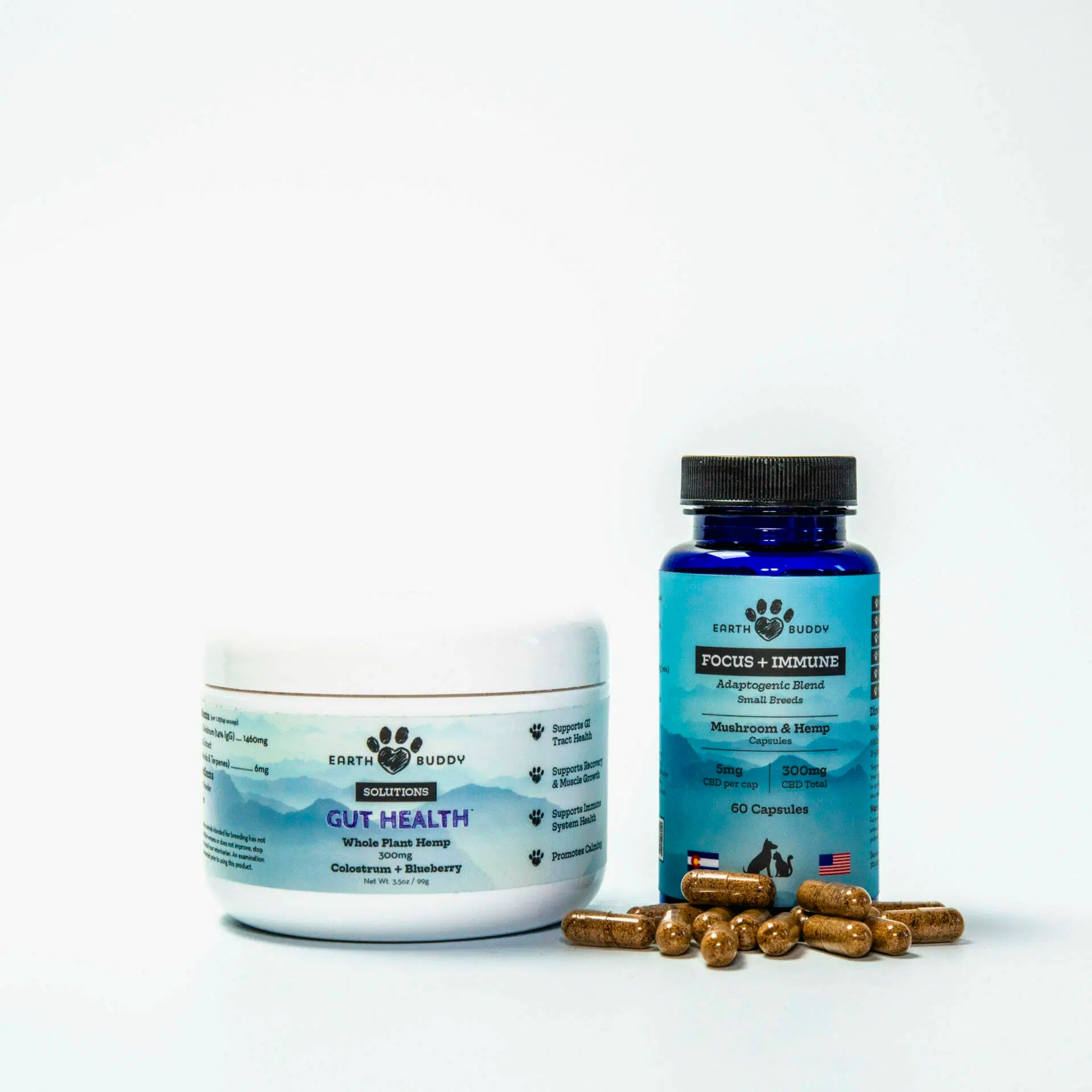 A container of Earth Buddy Gut Health and Focus + Immune. These products make the Immune Defense Pack for Cats & Small Breed Dogs.
