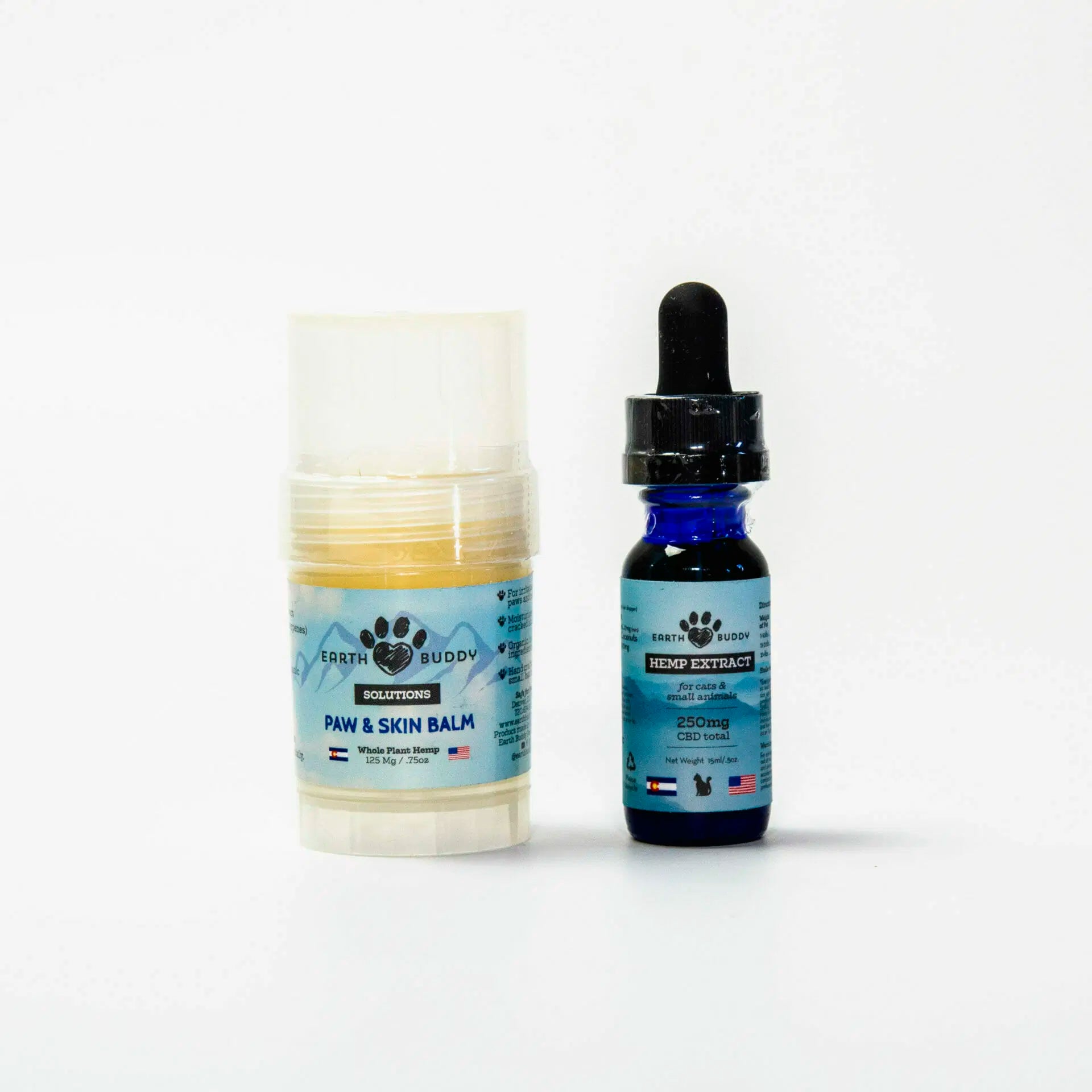 Earth Buddy’s Skin & Coat Support Pack with CBD paw balm and CBD oil for dogs & cats.
