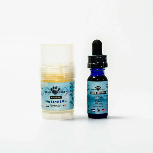 Earth Buddy’s Skin & Coat Support Pack with CBD paw balm and CBD oil for dogs & cats.
